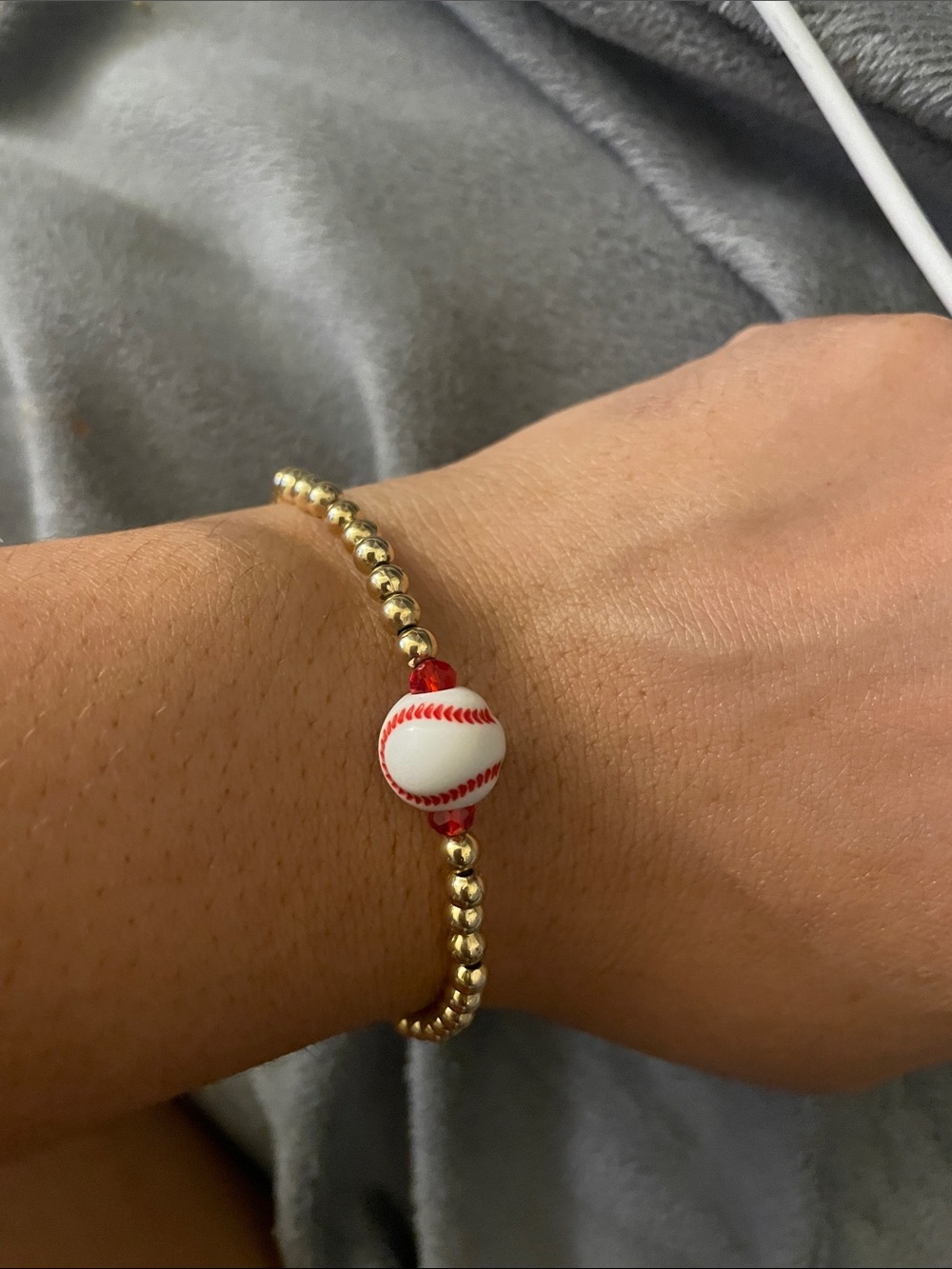 18k Gold Beaded Bracelet with Red & White Baseball Charm